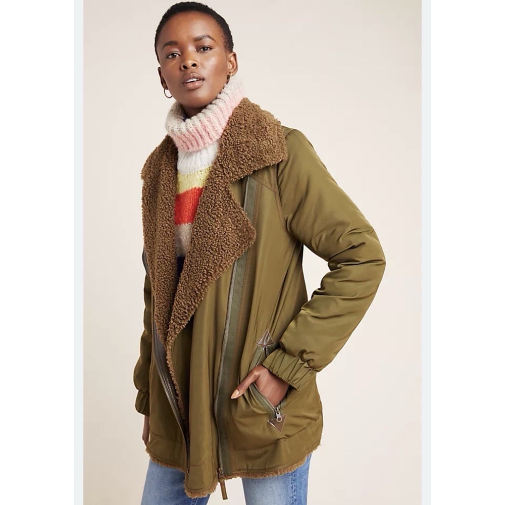 Anthropologie Sherpa Lined Jacket Sz XS‎ Joni Oversized Aviator Olive Moto Parka